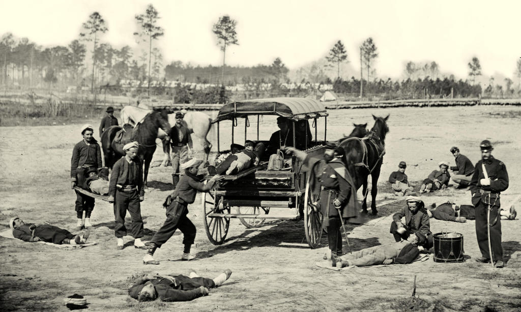 Horse ambulances brought wounded soldiers to field hospitals not far from the front lines.