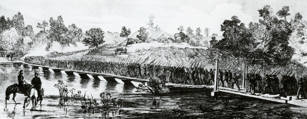 Soldiers fording a river over a pontoon bridge - bridge planks supported by a series of small boats